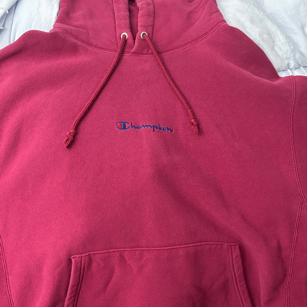 Champion Hoodie with Blue Embroidered Logo in Raspberry